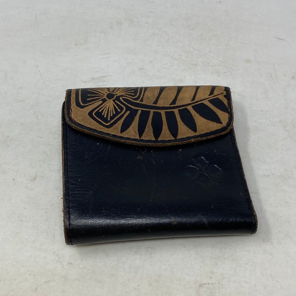 Patricia Nash Black Italian Leather Trifold Wallet Floral Kiss Lock Coin Pouch - Picture 1 of 9